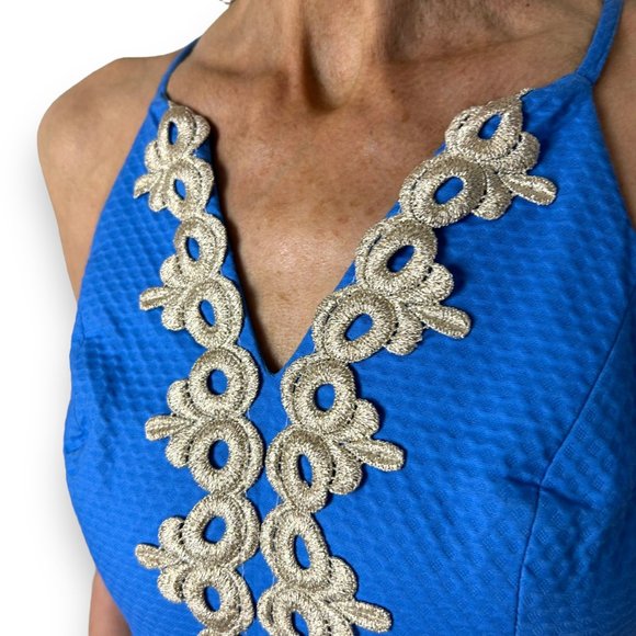 Lilly Pulitzer Pearl Sheath Lapis Blue Gold Lace Pique V Neck Dress Size 00 - Picture 2 of 9